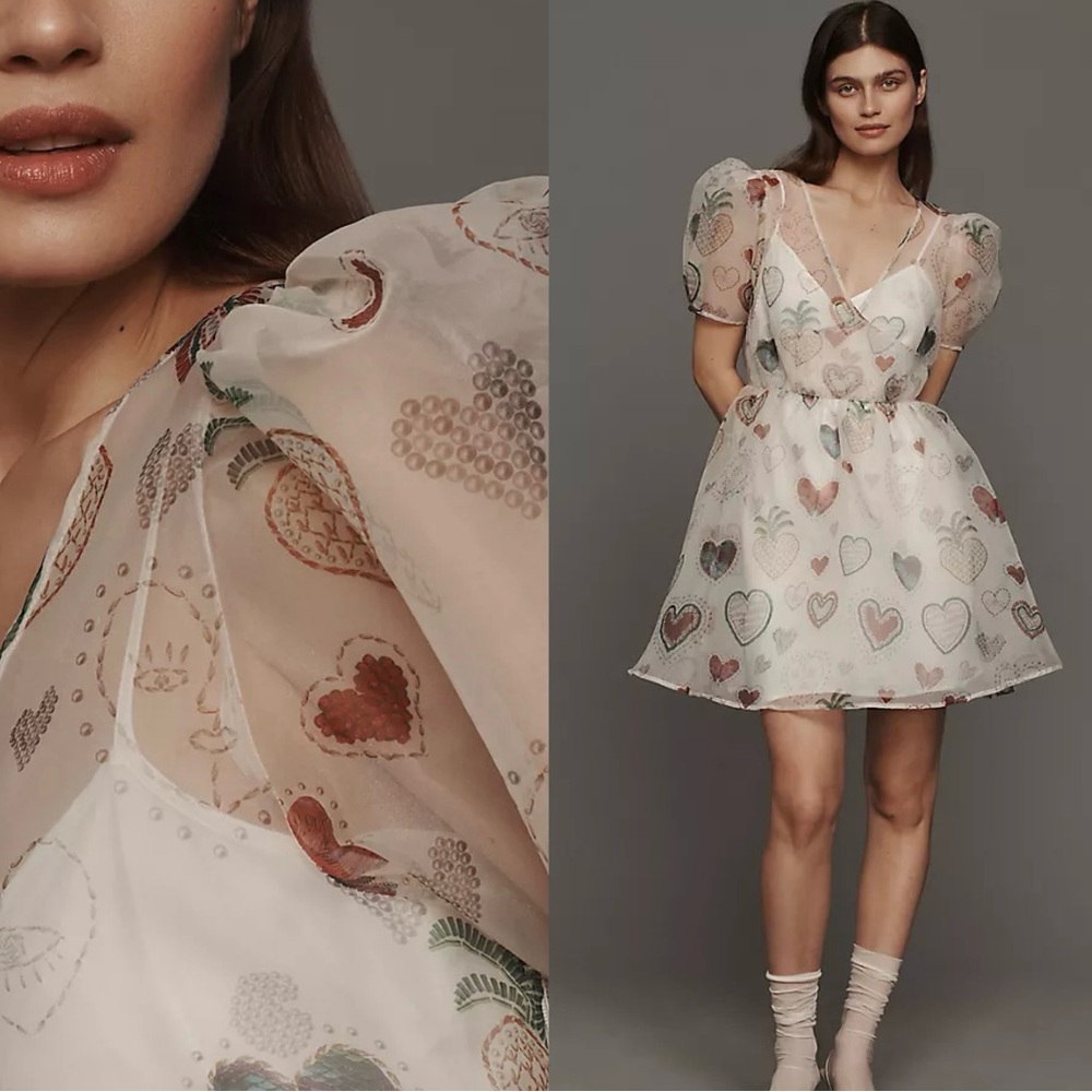 NWT $228 Anthropologie x Farm Rio Semi Sheer Puff-Sleeve Mini Heart Dress S